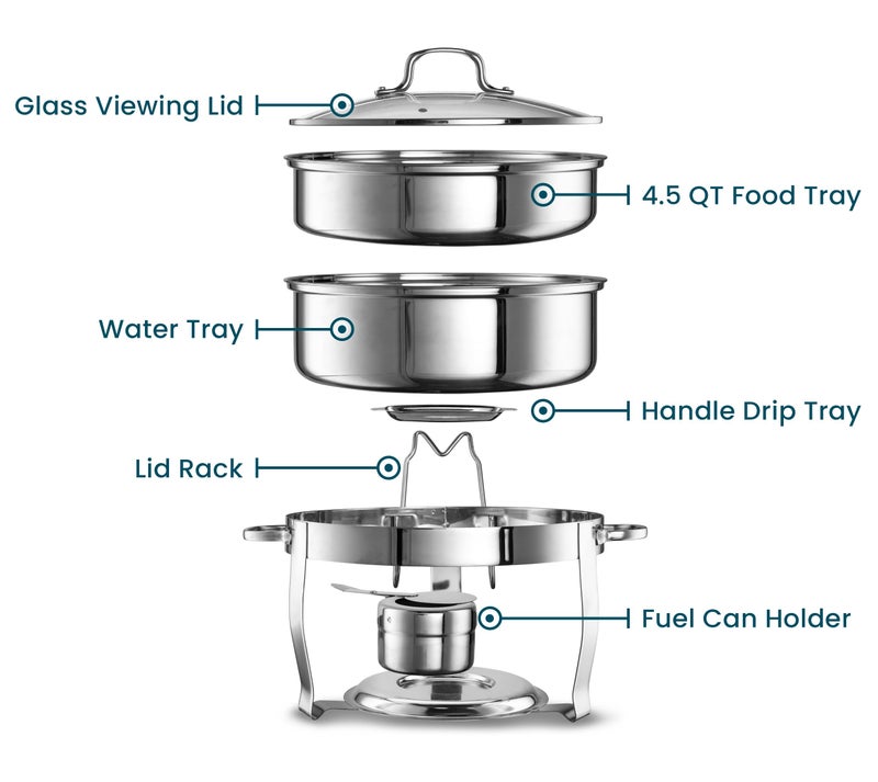 Kook Chafing Dish for Buffet Set, by Kook, Catering Food Warmers, Round Dishes, Warmer Tray, Stainless Steel with Glass Cover and Holder, for Parties, Dinners, 4.5 Qt - Image 4